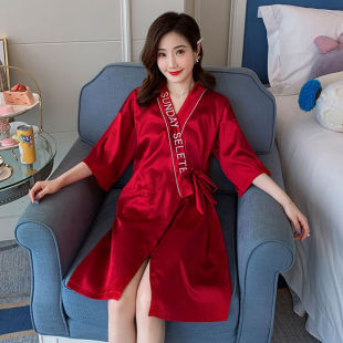 女睡袍春秋季丝绸睡裙女夏和服睡衣单件浴袍冰丝性感大码新娘晨袍