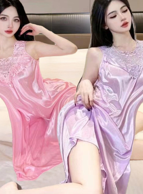 睡裙女夏2025新款冰丝性感蕾丝吊带睡衣宽松加大码200斤睡裙家居