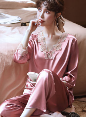 睡衣女春秋季冰丝长袖薄款大码真丝绸家居服胖mm 200斤夏两件套装