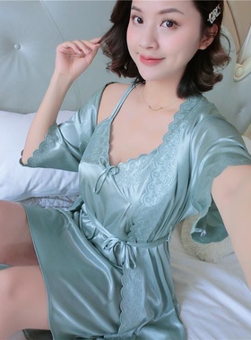 睡衣女冰丝性感二件套睡裙吊带真冰丝睡裙睡袍两件套装女夏睡衣