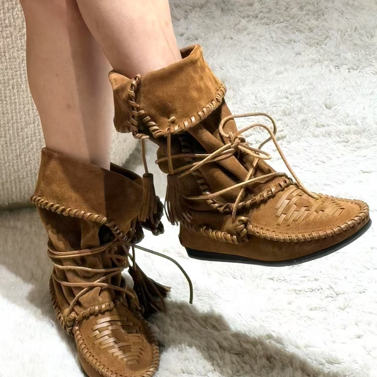 2025秋冬新款流苏编织西部靴女平底休闲堆堆靴绑带马丁靴中筒靴潮