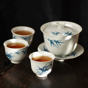 釉下手工彩绘听竹盖碗杯陶瓷工夫茶具套装 成竹中式 家用泡茶壶茶杯