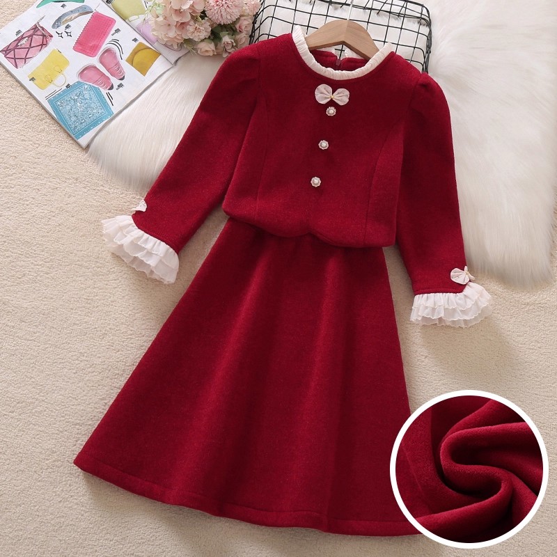 女童小香风套装新年红色拜年服