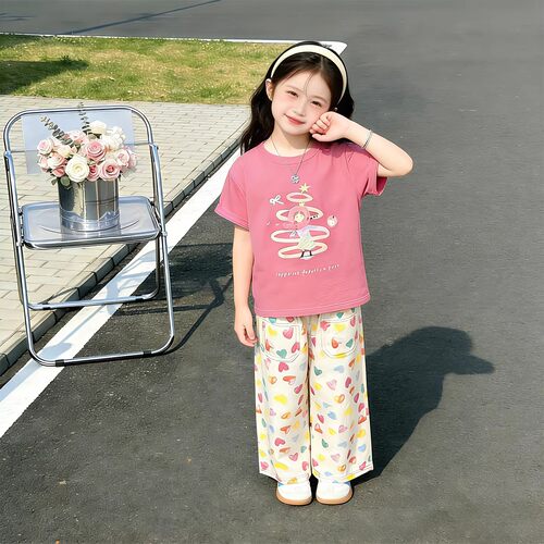 女童短袖T恤爱心阔腿裤两件套