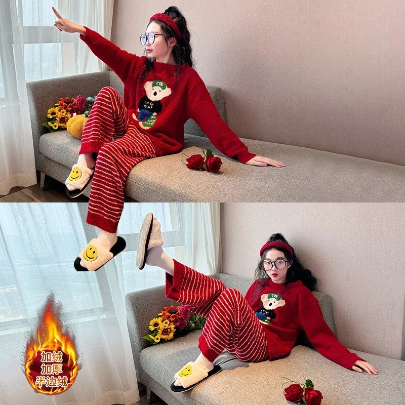 女童法兰绒家居服女孩红色套装