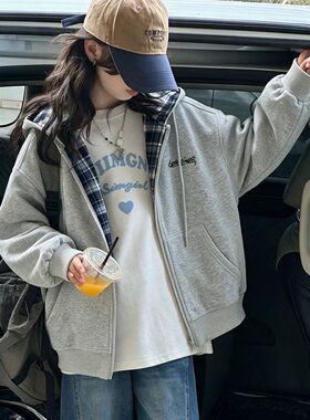 女童秋装外套格子拼接连帽卫衣