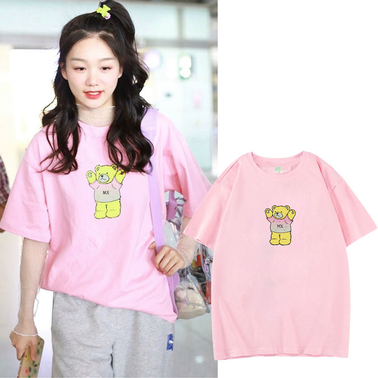 火箭少女101徐梦洁机场同款小熊印花短袖t恤宽松纯棉时尚上衣服女