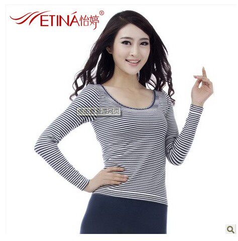 保暖加厚内衣套装怡婷纯棉女秋衣秋裤冬季御寒时尚条纹大圆领打底