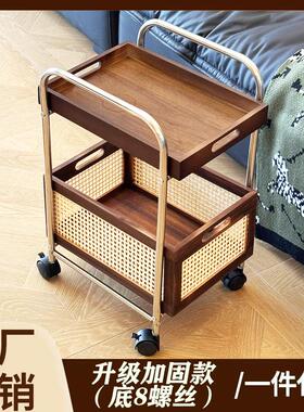 中古实木边几可移动小推车沙发边柜置物柜客厅茶水架高级藤编侘寂