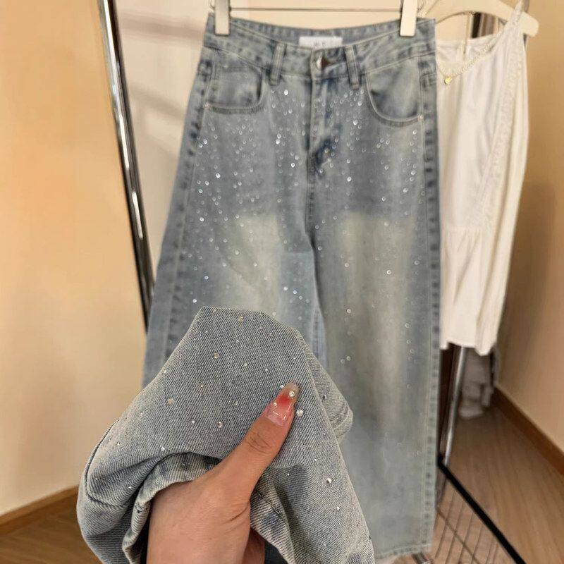 2026春秋新款爆闪满天星烫钻直筒牛仔裤女宽松小个子显瘦阔腿长裤