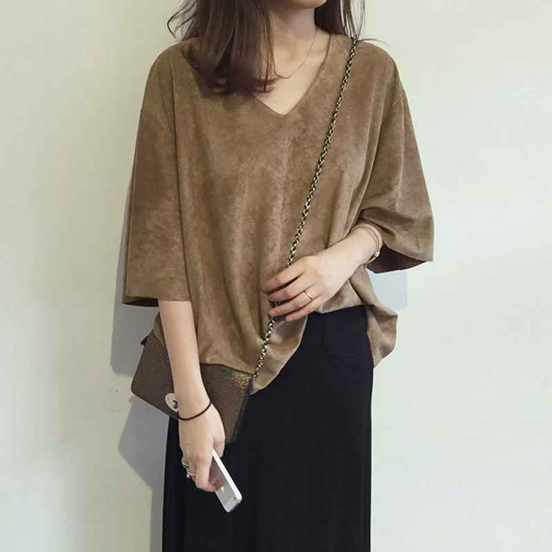 大V领宽松T恤大码女装鹿皮绒上衣