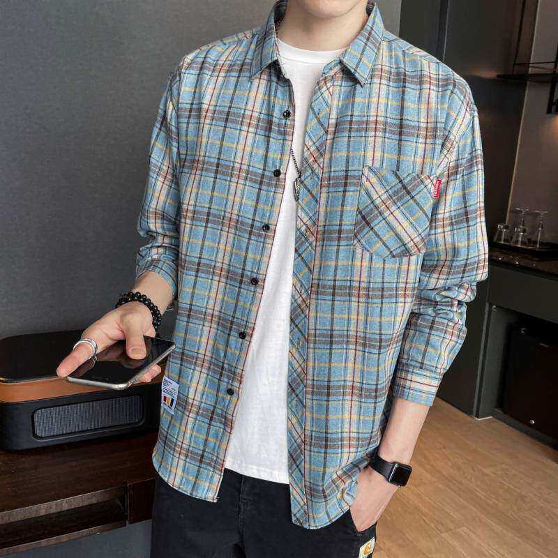 春夏新款长袖格子衬衫男学生韩版宽松寸衬百搭潮流情侣衬衣薄外套