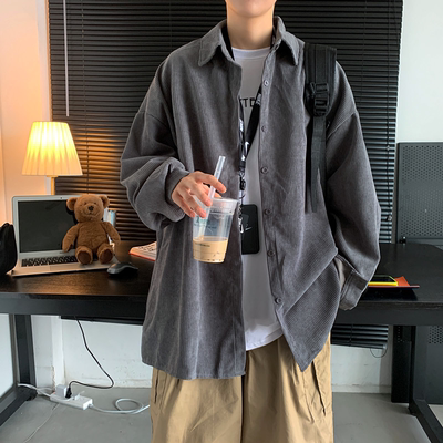 复古钓月郎灯芯绒衬衫男日系cityboy长袖衬衣春秋季薄款外套上衣
