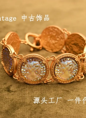 中古Vintage复古宫廷百搭人头像链条人鱼姬女士手链耳钉戒指套装