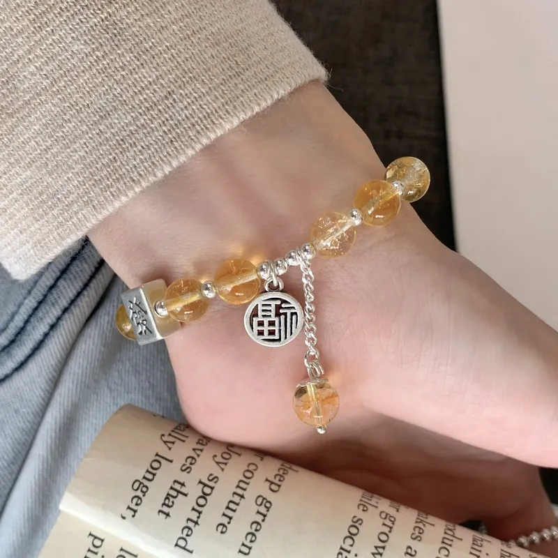 黄水晶福牌串珠手串S925纯银女新中式发字手链转运招轻奢高级感