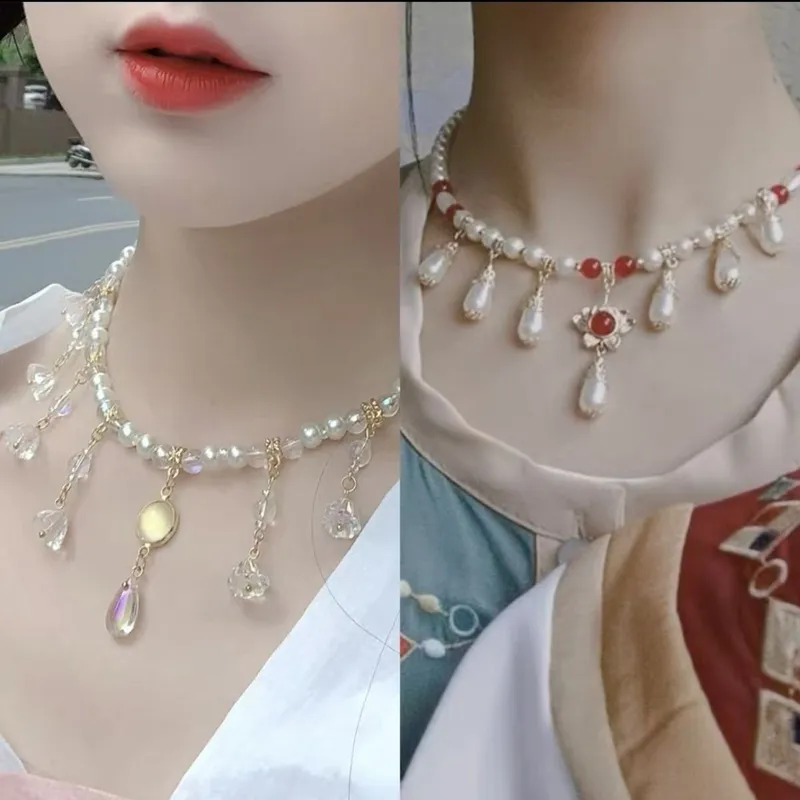 璎珞珍珠项链流苏女古风项链中国风明制珍珠吊坠汉服坦领项圈配饰