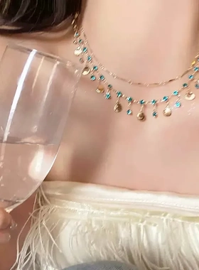 海的女儿蓝色之恋双层贝壳项链精致独特细链条千金choker锁骨链仙