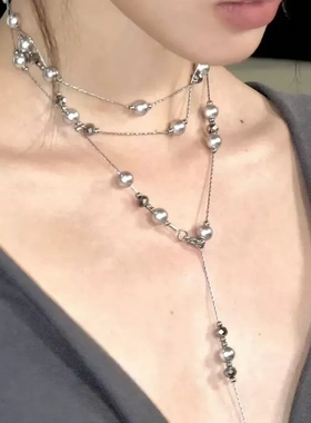 高级感灰色满天星破碎珍珠叠戴项链女ins博主长款双层叠戴锁骨链