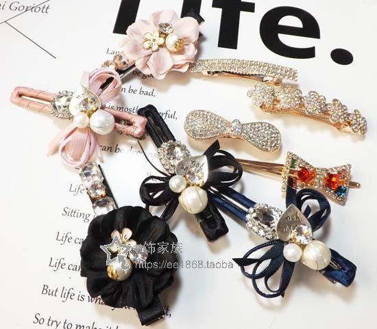 水钻蝴蝶结弹簧夹一字夹珍珠花朵顶夹边夹韩版头饰发饰品
