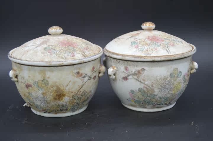 一对民国山水人物花鸟碗粥罐糖缸饭鼓古董古玩老瓷器清代青花花瓶