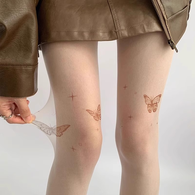 纹身蝴蝶结丝袜女薄春秋纯欲肉色