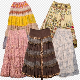 古着vintage波西米亚高腰拼接百褶裙复古民族风少女春夏半身裙u