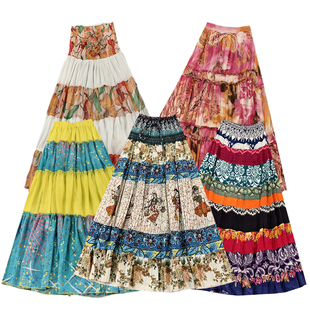 古着vintage波西米亚高腰拼接百褶裙复古民族风少女春夏半身裙b
