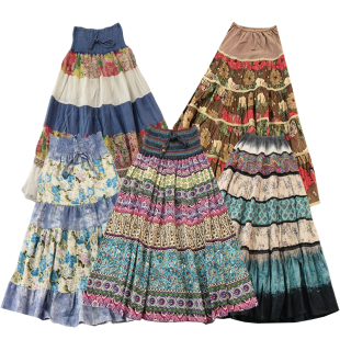 古着vintage波西米亚高腰碎花拼接百褶复古民族风少女春夏半身裙
