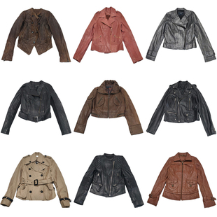 古着皮衣vintage斜拉机车修身 y2k毛领绵羊皮 真皮夹克女士外套长袖