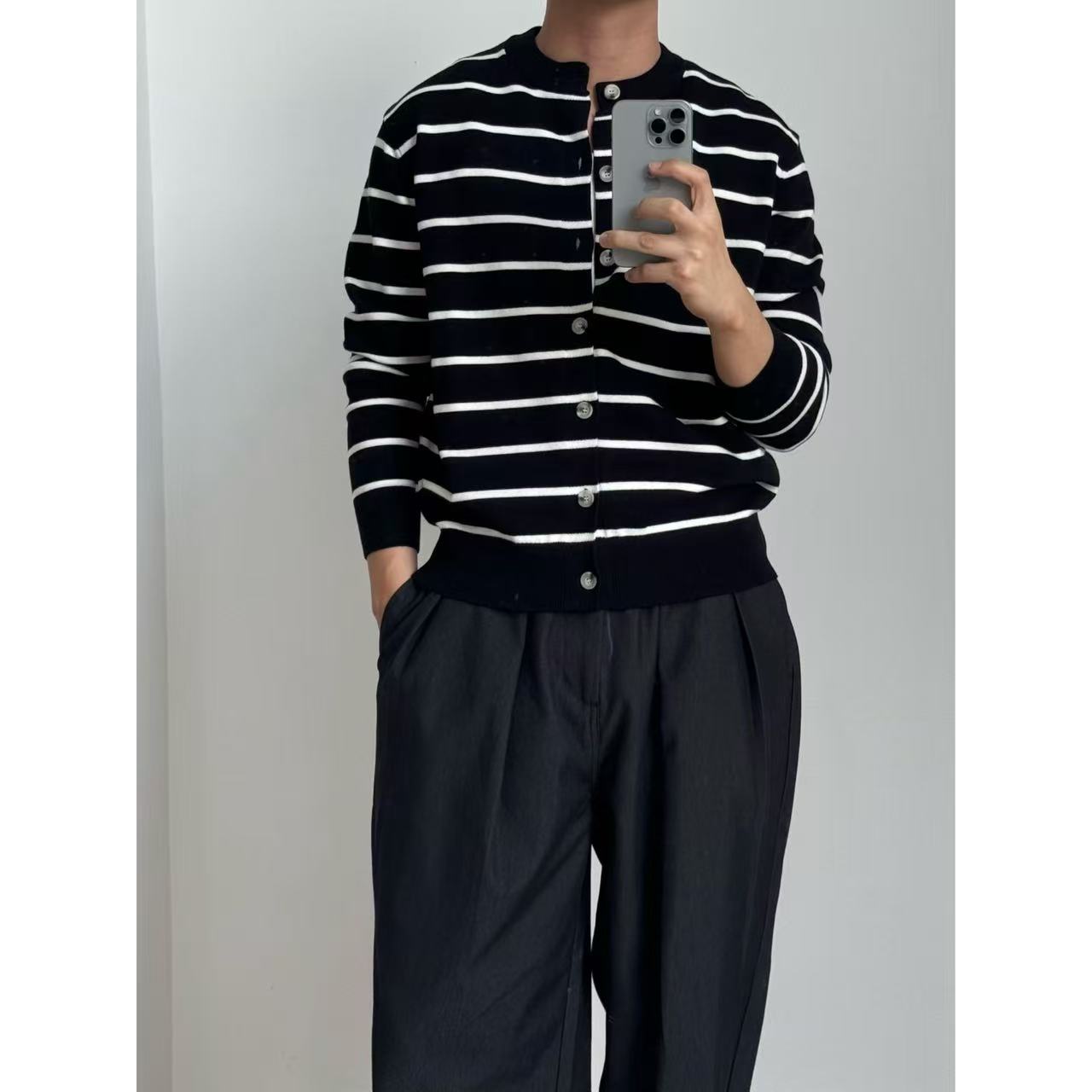 开衫毛衣外套男2025秋韩系高级感撞色黑白条纹休闲宽松针织衫上衣