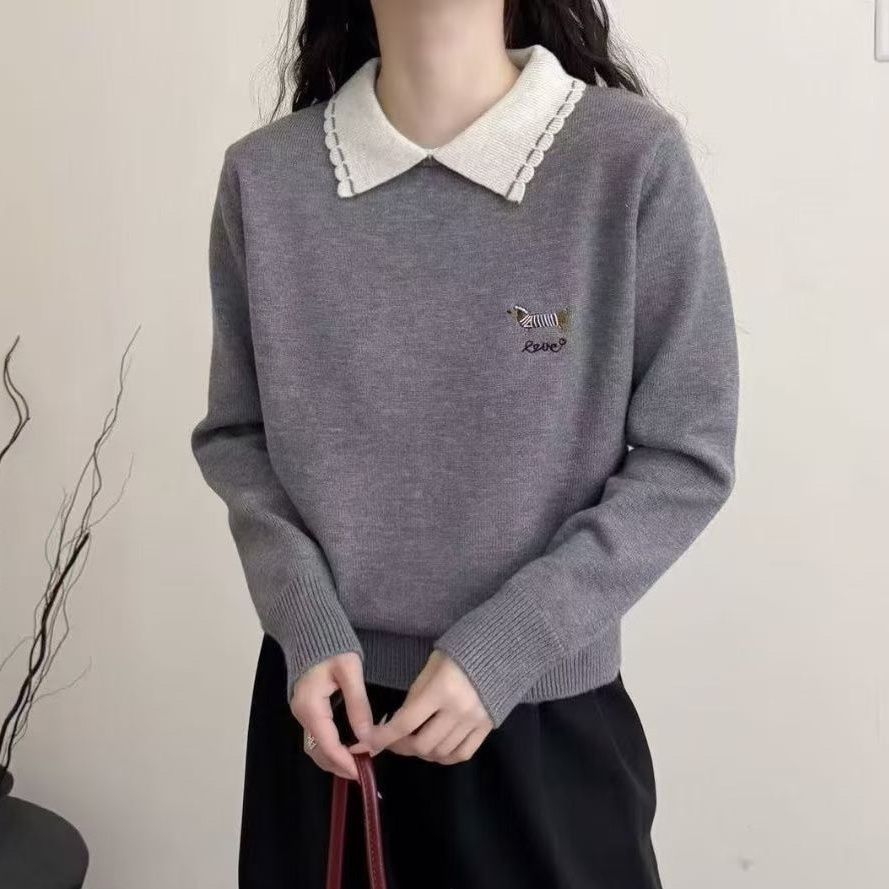 学院风POLO领撞色刺绣针织衫女图片