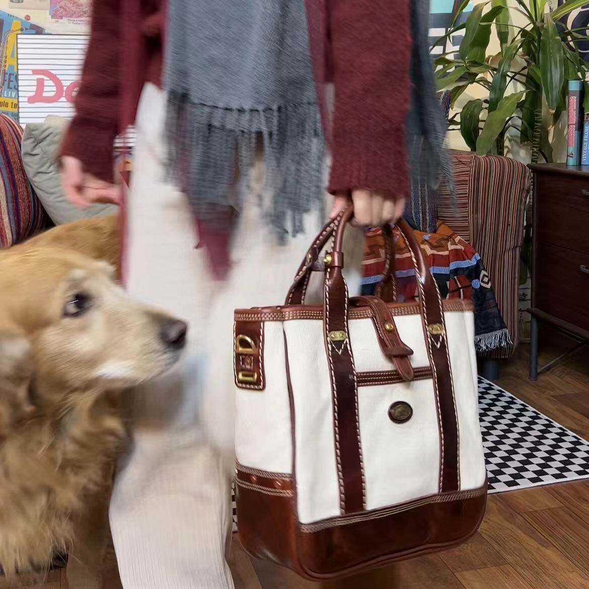 2024新款女拼色托特包时尚简约帆布包学院风日系单肩斜挎包休闲