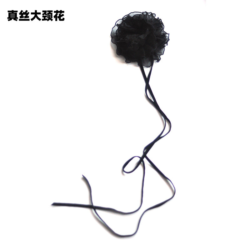 choker颈带丝巾饰品山茶花真丝褶皱大花朵黑色脖颈带礼服项链配饰