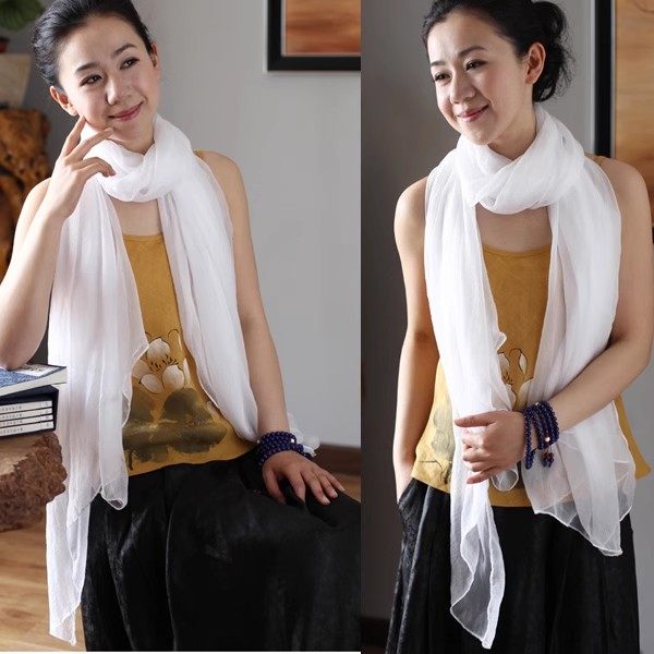 乳白色丝巾女百搭春秋真丝桑蚕丝披肩纱巾女长款薄款围巾防晒披肩