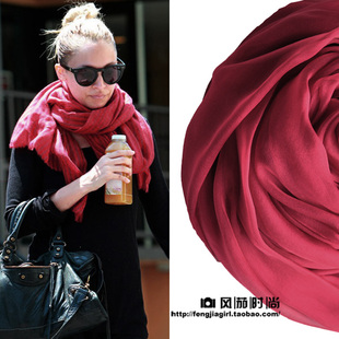 深红色丝巾女围巾轻薄纯色真丝纱巾长款桑蚕丝春秋百搭礼服披肩