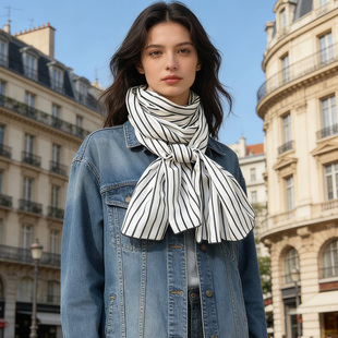 围巾女款2025新款冬黑白条纹丝巾桑蚕丝真丝长款高级感双绉竖条纹