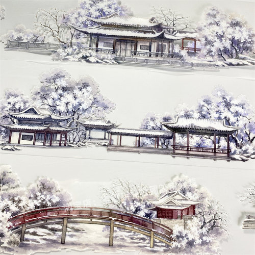 手帐分装胶带t22雪落亭湖zero冬景桥子造景PET古风素材账流麻贴纸