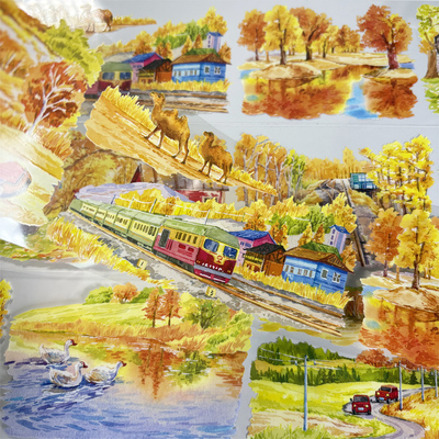 手帐分装胶带山色之秋欣甜工作室小镇树枝PET素材账流麻贴纸咕卡