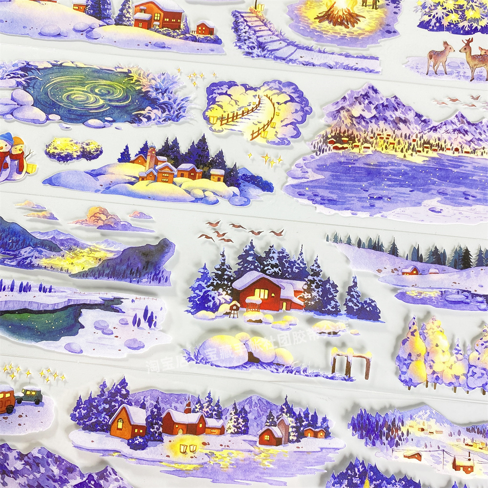 手帐分装胶带u27雪夜景物志冬天景物小屋温泉古风PET素账流麻贴纸