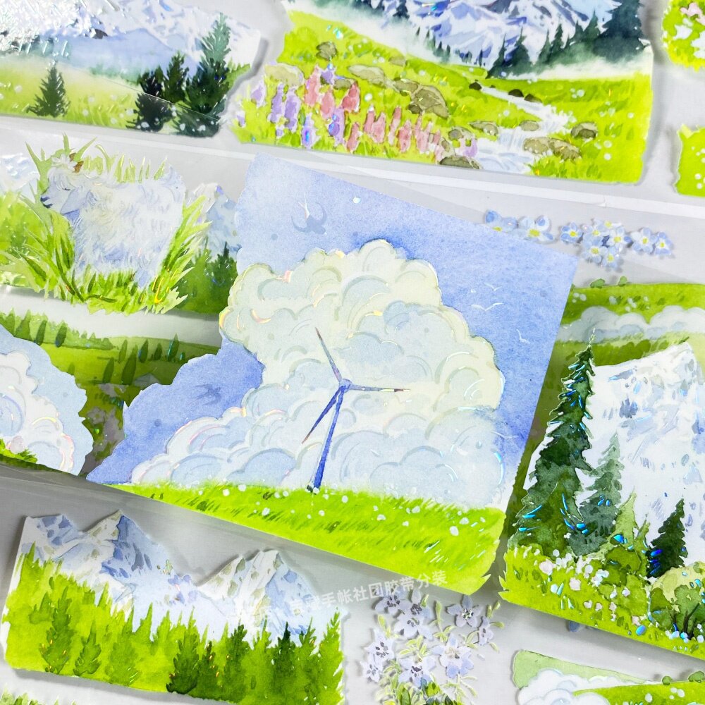 手帐分装胶带云边牧场新七天高原草地雪山PET素材账流麻diy贴纸