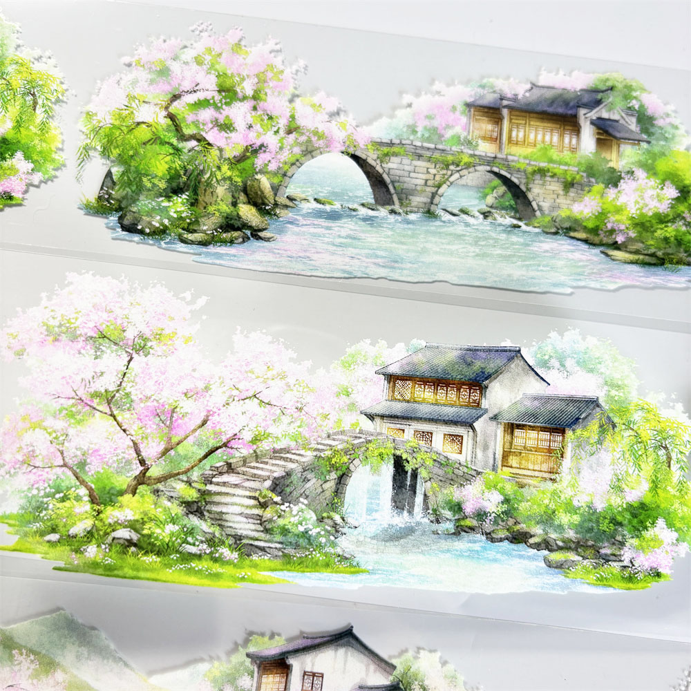 手帐分装胶带a683江南春zero小镇村庄桥河古风PET素材账流麻贴纸
