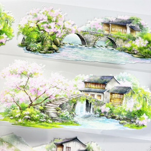 胶带a683江南春zero小镇村庄桥河古风PET素材账流麻贴纸 手帐分装