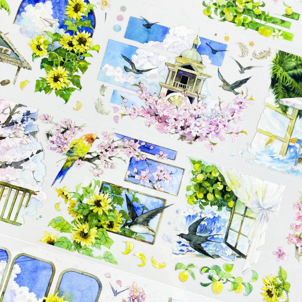 手帐分装胶带夏风来信新七天日式漫画樱花鸽PET素材账流麻diy贴纸