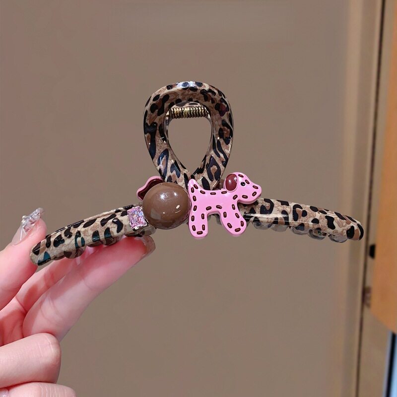 韩国东大门豹纹粉色小狗球球发抓简约洋气高级感甜美鲨鱼夹发饰女