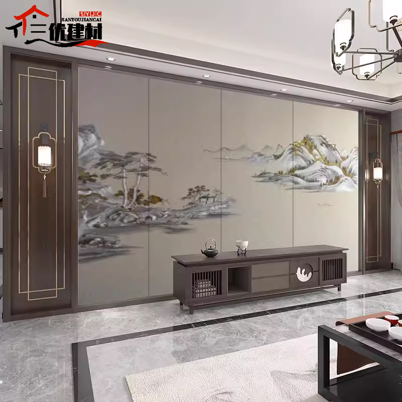 新中式刺绣山水硬包背景墙墙布