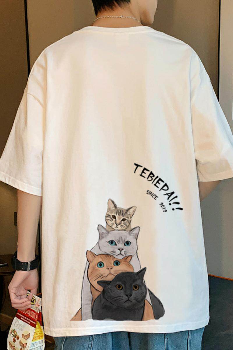 304A-1-TM306BP26卡通猫咪印花纯棉短袖T恤男ins潮牌情侣港风衣服,男装T恤,星座304A-1