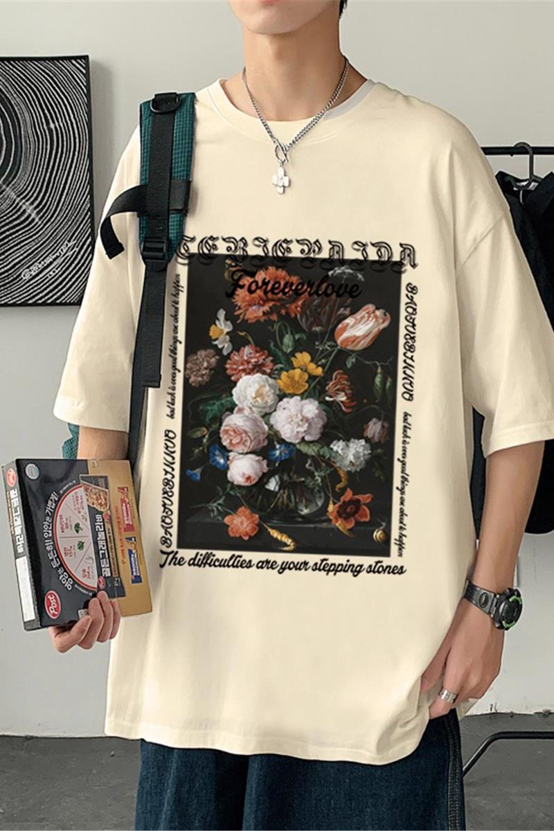 304A-1-ST607P26新品短袖T恤男玫瑰油画印花休闲体恤,男装T恤,星座304A-1