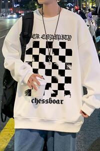 W372KP35加绒45冬款棋盘格卫衣男长袖t恤无帽打底衫宽松上衣,流行打底裤搭配什么鞋图片