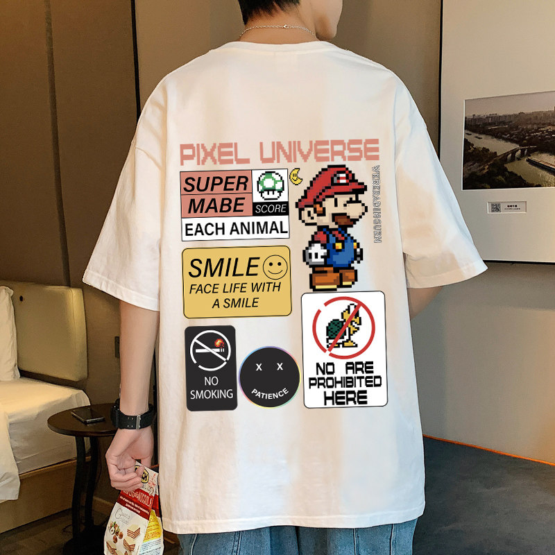 wassup happy马里奥短袖t恤男夏季港风潮流薄款宽松重磅休闲半袖图片