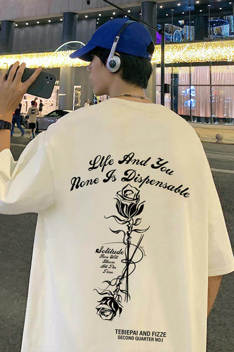 玫瑰印花t恤男款短袖夏季薄款酒红色宽松纯棉情侣高街五分袖体恤,男装T恤,星座304A-1